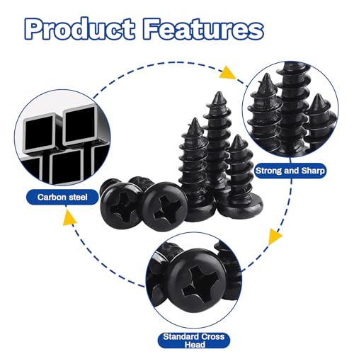 500Pcs M1.2x3/4/5/6/8 Self-Tapping Wood Screws Assortment Kit, Phillips Pan Head, Black Carbon Steel, 6 Sizes, for Wood Plastic and Soft Metal - size: M1.2x3/4/5/6/8-500Pcs