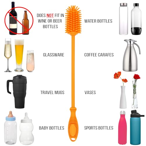 Kitchiny Silicone Bottle Brush 12.5 inch with 2 Straw Cleaners – Orange | Bottle Cleaner Brush for Yeti, Hydro Flask, Owala, Stanley, Baby Bottles, Vases & Narrow Neck Containers - color: Orange