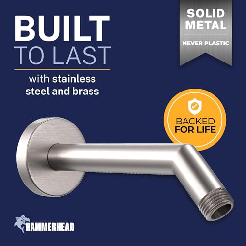 HammerHead® Solid Metal Shower Arm and Flange - 7.5 Inch 304 Stainless Steel Extension Pipe - Universal Shower Head Arm with Flange and Locking Screw, Brushed Nickel - color: Brushed Nickel