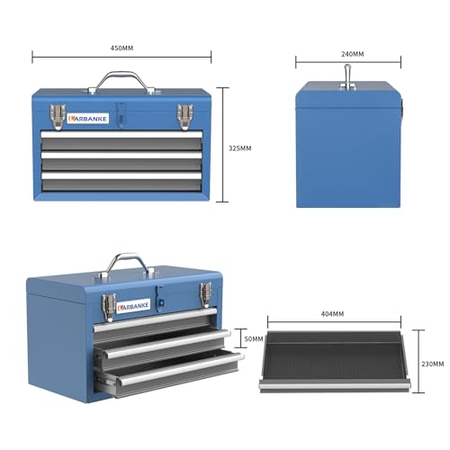 LARBANKE Metal Tool Box,3 Drawer Tool Box with Top Storage Tray, Portable Tool Chest with Locking System and Drawer Liner, Hand Carrying Tool Chest for Garage,Home or Workbench