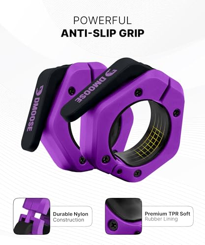 DMoose Fitness Barbell Clips 2 Inch (Pair) - Quick Release Olympic Barbell Clamps & Collars with Anti Slip TPR Grip for Secure Weightlifting and Powerlifting - Weight Clips for Bars at Home or Gym - color: Purple, style: Magnetic