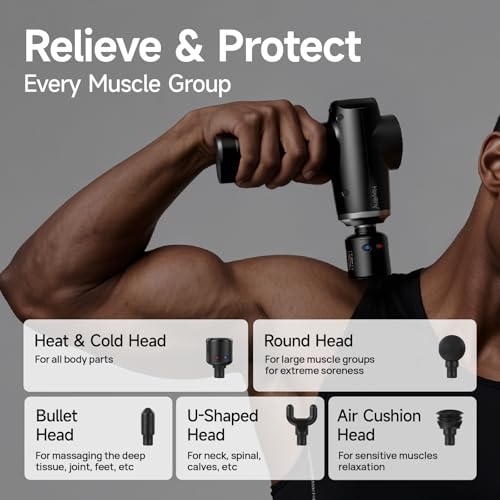 HEYCHY Massage Gun Deep Tissue, 5 Heads Muscle Massager with Heat and Cold - color: Classic Black