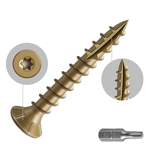 Wensilon #8 * 1-1/4" Deck Screws, (467pcs) 2 lbs.Exterior Wood Screws, Rust Resistant epoxy Coated, Bronze, T20 Star Bit - color: Yellow, size: 8*1-1/4