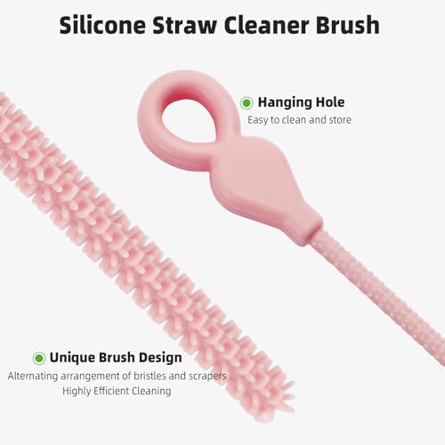 Silicone Straw Cleaner Brush, 4Pcs Reusable Straw Brush Set with Extra-Long Design for Cleaning Thin Metal Straws and Wider Milkshake Straws （6mm+9mm Pink) - color: Pink