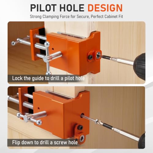 4 Pack Orange Cabinet Clamp, Heavy Duty Aluminum & Steel Cabinet Hardware Jig, Cabinet Install Clamping Tool with Drill Guides EVA Pads for Perfect Cabinet Frame Alignment Woodworking Installation