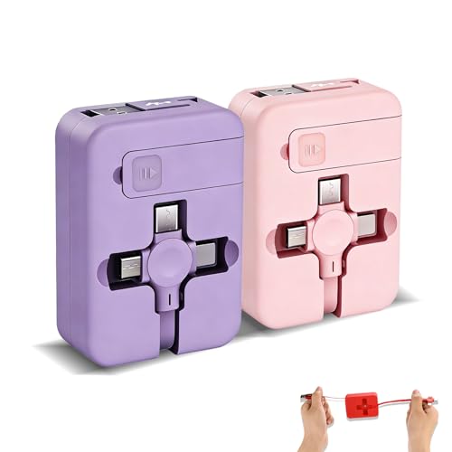 2 Pcs 3 in 1 Retractable Multi Fast Charging Cable Bulk with Phone Stand - color: Purple+Pink
