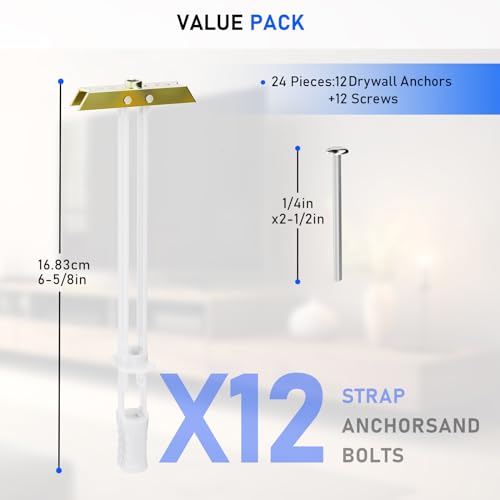 Drywall Anchor with Included Bolts for 1/4”-20, Heavy Duty Hollow Drywall Anchors for TV Mounting Kit, Hollow Wall Anchors Holds up to 270lbs Each in 1/2” Drywall, 12 Packs - size: 1/4”-20: Pack of 12