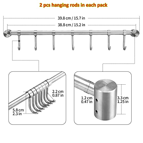 Pot Hangers 16 Inch Wall Mount Or Under Cabinet Hanging Bars With 7 Sliding Hooks Per Rod, 304 Stainless Steel Heavy Duty Pot Rack Kitchen Organizer Utensil Cups Handling Versatile Space Saving