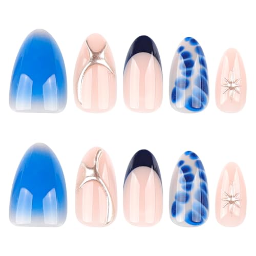 Blue Press On Nails Almond Shape 24pcs, Gradient Ombre False Nail with Star Design, 3D Pattern Medium Length Fake Nails, Glossy Stick On Nail Reusable Acrylic Glue On Nails Kit for Women - color: 34-Dark blue silver lines