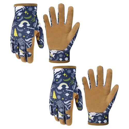 HANDLANDY 2 Pairs Kids Leather Gardening Gloves, Kid Work Gloves, Blue, L - color: Blue (2 Pairs), size: Large (Age 8-9)
