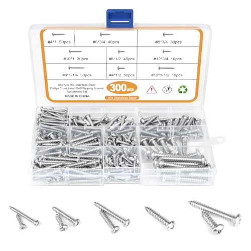 300PCS Stainless Steel Wood Screws Assortment Kit, 9 Sizes #4#6#8#10#12 Truss Head Sheet Metal Screws for Wood Deck Drywall Concrete Screws, Length 1/4" to 1-1/2" - style: Silver Truss Head 300PCS