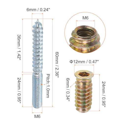 uxcell M6x60mm Hanger Bolts, 8pcs 31mm Wood Dowel Screw Self-Tapping Screw with 8pcs M6x24mm Threaded Insert Nuts Interface Hex Socket Drive, for Joint Furniture Legs