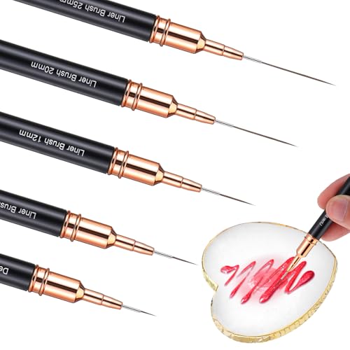 5 Pcs Metallic Nail Art Brushes Liner Brushes Set with Nail Art Mixing Palette Nails Dotting Drawing Tool for Long Lines Thin Detail Fine Liner Brush UV Gel Polish Painting Nails Design 4/8/12/20/25mm