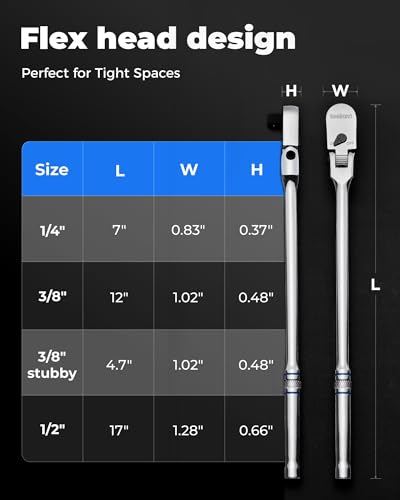 toolant Stubby 3/8" Drive Flex Head Ratchet, 90 Tooth Compact Flex Head Socket Ratchet Wrench, 4.7 Inch Length - size: 3/8" - 4.7 in, style: Flex-head Ratchet