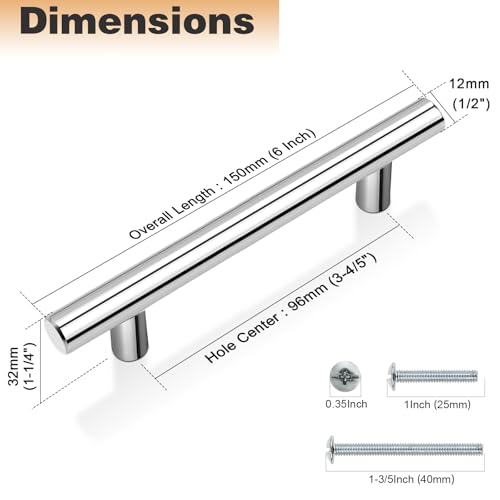 Probrico 5 Pack | 3-3/4 Inch Cabinet Pulls Polished Chrome Stainless Steel Kitchen Drawer Pulls, Chrome Kitchen Cabinet Handles 3.75 Inch Hole Center, 6 Inch Length - color: Polished Chrome, size: hole center 3-3/4"