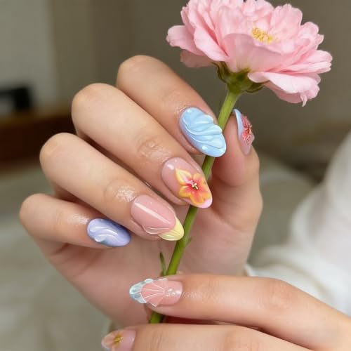 Summer 3D Press on Nails Almond - Medium French Tip Fake Nails with French Red Stripe Pearl Flower Shell Designs, Glossy Finish Reusable False Nails with Glue Tabs - 24Pcs Nail Kit for Women Manicure - color: 3d flower sea shell