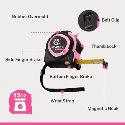 WORKPRO 25-FT Tape Measure with Fractions, 3 Brakes Retractable Measuring Tape, Compact Measurement Tape with Magnetic Hook, Nylon Coating Blade Accuracy 1/32”, Pink - size: 25-FT