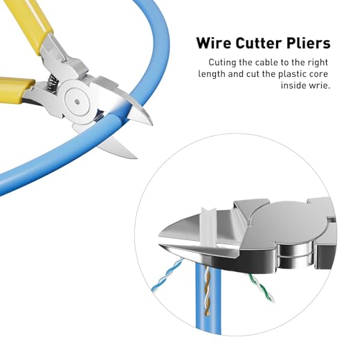 Ethernet Crimping Tool Kit RJ45 Crimp Tools,CAT5 Cat5e Cat6 RJ45 Crimping Tool Kit With Cable Tester, Multiply Stripper, Blades,50Pcs Cat 6 Pass Through Connectors and Strain Relief Boots