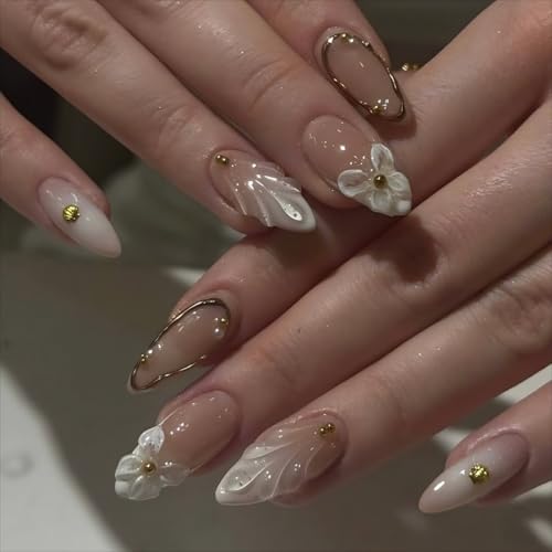 LPOODDNU Press on Nails - color: white french tip flower