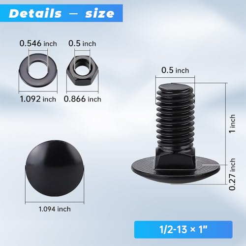 Glvaner (6 Sets) 1/2-13 x 1 Stainless Steel Carriage Bolts Screws Black and Hex Nuts & Flat Washers Black, Round Head Square Neck, 304 Stainless Steel 18-8, Full Thread Coverage - size: 1/2-13 x 1"
