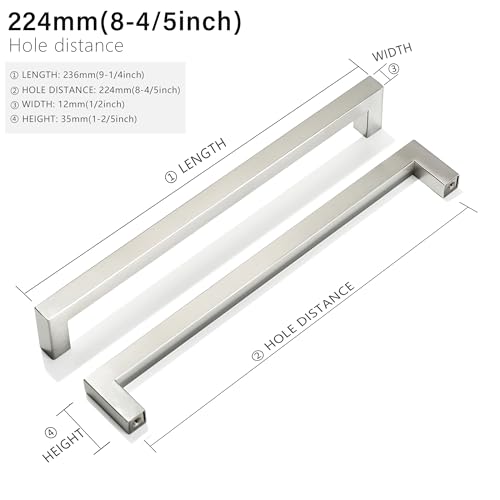Cabinet Pulls Brushed Nickel Cabinet Handles Square Drawer Pulls, 5 Pack 8-4/5 Inch Stainless Steel Kitchen Door Cupboard Cabinet Handles, Cabinet Hardware Drawer Handles, 224mm Hole Centers - color: Brushed Nickel, size: Two Hole - 8-4/5 inch Hole Center