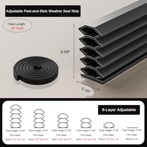 Rip-to-Fit Weather Stripping – 20 Feet, 5-Layer Adjustable Self-Adhesive Weather Seal Strips Fits Big Gaps(0.04-0.59 Inch), for Door Frame Door Insulation Strip Waterproof, Black - color: Black