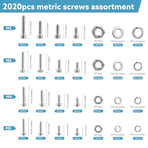 2024-Piece Metric Screw Assortment Kit, M2 M3 M4 M5, 304 Stainless Steel - size: M2-M5, 304 Stainless Steel, Hex Socket Head