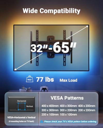 Pipishell Full Motion TV Wall Mount with LED Lights for 32–65 Inch TVs - style: Fits 32-65" TVs / Single Stud with LED