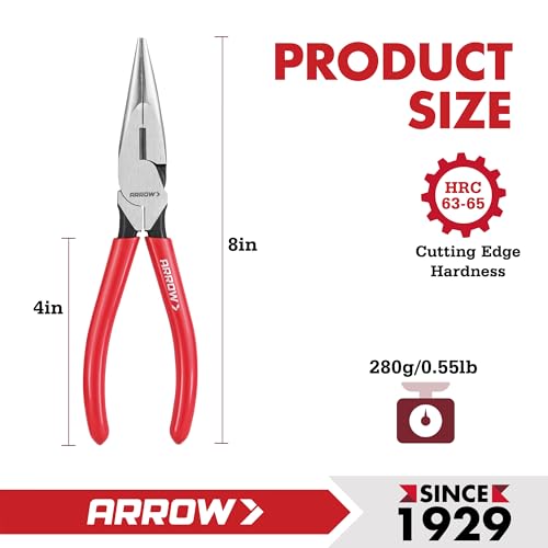 ARROW 8" High Leverage Needle Nose Pliers, Long Nose Pliers - size: 8 INCH