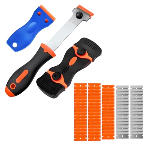 3PCS Razor Blade Scraper, Car Window Cleaning Scraper with 50 Plastic & 31 Metal Blades, Multi-Purpose Scraper Tool for Removing Label, Sticker, Tint, Grease from Windshield, Appliance, Glass