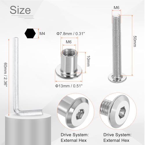 HARFINGTON 10 Set M6x50mm Hex Drive Socket Cap Bolt and M6x10mm Nuts with M4 Hex Wrench, Furniture Connector Bolts and Screws for Furniture Countersunk Belt, Silver - size: M6x50mm, M6x10mm