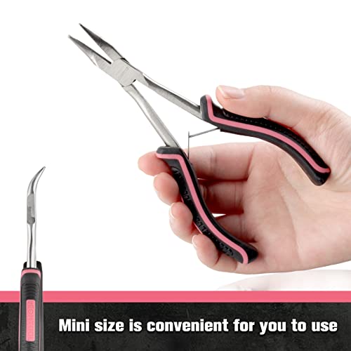 Long Reach Bent Nose Pliers with Serrated Jaw 6 Inches Mini Bent Long Nose Pliers Bent Chain-Nose Pliers Curved Long Nose Plier For Jewelry Making Working In Tight Spaces Pink Tool for Women - style: Bent Nose Plier