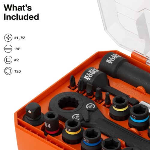 Klein Tools 65400KNECT KNECT Essential Pass Through Impact Socket Set, SAE and Metric, 90-Tooth Ratchet, MODbox Case, 3/8-Inch Drive, 28-Piece - style: 28-Piece