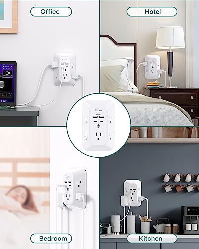 Addtam 5-Outlet Extender Surge Protector, Multi Plug Wall Outlet with 4 USB Wall Charger(2 USB C Ports), Outlet Splitter Power Strip for Home Office Dorm Room Essentials, Plug Extension Outlet 1800J - size: 2c2a
