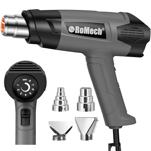 ROMECH 1500W Heavy Duty Heat Gun, Variable Temperature Control Hot Air Gun Kit with 2 Air Flow 120°F~1200°F and 4 Nozzles for Crafts Shrink Wrap (Gray) - color: Grey