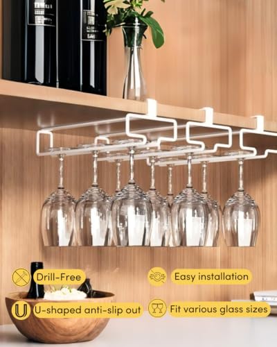 LINFIDITE 2 Pack Wine Glass Holder Stemware Rack Hanger Under Cabinet Wine Glass Rack Kitchen Hanging Storage Rack Organizer,White(For Partition Thickness under 0.98") - color: White, size: Shelf Thickness Under 0.98in