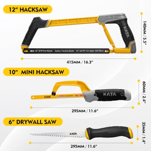KATA Hand Saw Kit, 12" Heavy Duty Hacksaw, 10" Mini Hacksaw, 6" Drywall Saw - size: 3 Pack Handsaw Set