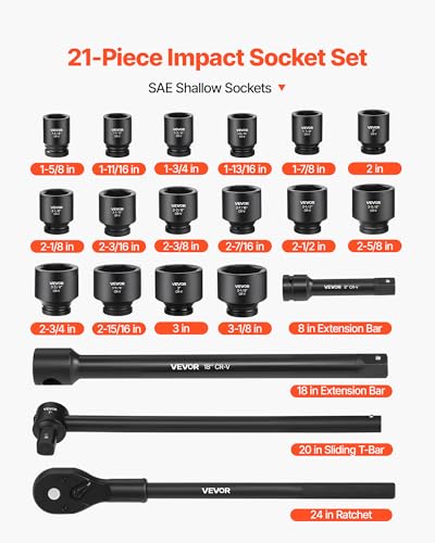 VEVOR 1 in Drive Impact Socket Set, 21 Piece, SAE (1-5/8" to 3-1/8") - size: 1" 21 PCS