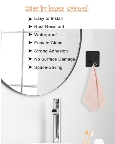 Adhesive Towel Hooks for Bathrooms, 8 Piece Towel Hooks for Hanging Hat Robe Coat, Stick on Hooks for Kitchens, Strong Self-Adhesive No Damage Sticky Hook, Black - color: Black-45°