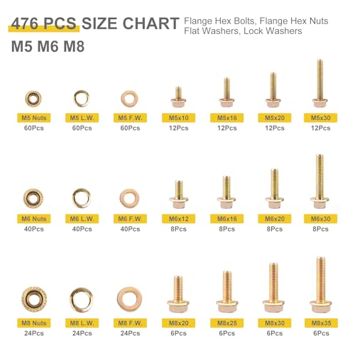 476pcs Class 8.8 Metric Flange Bolts Assortment Kit, M5, M6, M8, Metric Bolts and Nuts Assortment, Hex Bolt and Nut Washers Kit, Yellow Zinc Plated - size: M5, M6, M8-476pcs