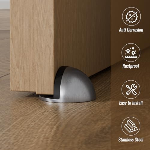 Stainless Steel Half Dome Floor Door Stop Self-Adhesive with Rubber Free Punching—Ground Door Stops for Bedroom Living Bath Shower Room Office Silver—Stainless Steel Floor Door Stopper（4PCS）