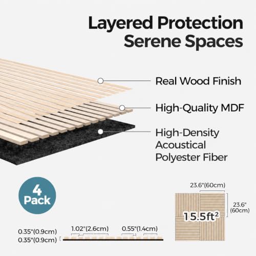 AKUMAX 4-Pack Wood Slat Acoustic Wall Panels, 23.6 x 23.6 in 3D Sound-Absorbing Panels for Walls & Ceilings, Fire-Retardant, FSC-Certified Materials, 15.5 Sq Ft, Classic Oak - color: Classic Oak