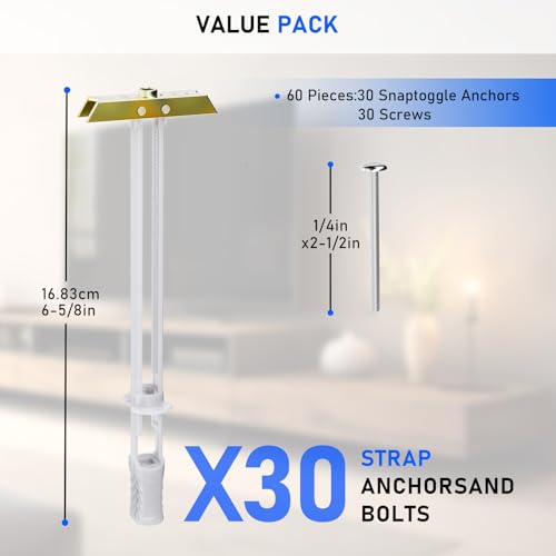 Drywall Anchor with Included Bolts for 1/4”-20, Heavy Duty Hollow Wall Anchors for TV Mounting Kit, Stainless Steel Hollow Wall Anchors Holds up to 270lbs Each in 1/2” Drywall (Pack of 30) - size: 1/4”-20: Pack of 30