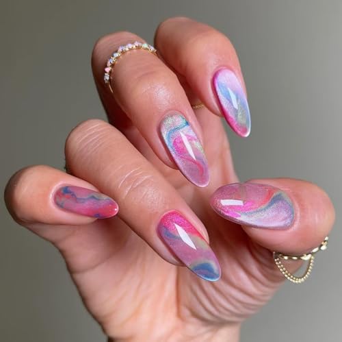 LPOODDNU Colorful Press on Nails Almond - Medium Cat Eye Fake Nails with Stripe Designs, Glossy Finished Reusable False Nails with Double Adhesive Glue Tabs - 24Pcs Nail Kit for Women Manicure - color: cat eye color stripe