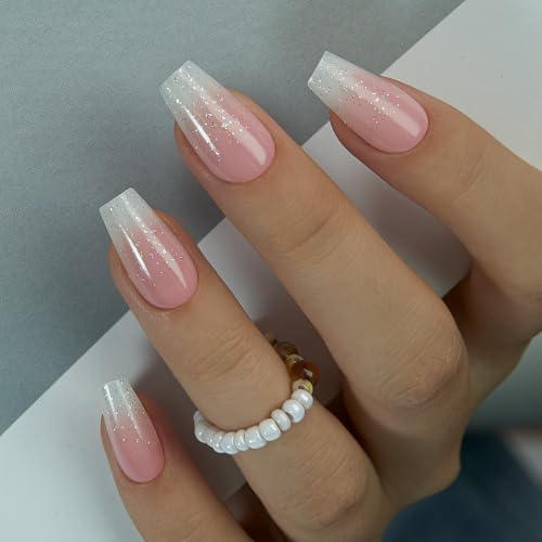 CurvLife Medium Square Ombre Press On Nails, Gradient Nude White, Soft Gel - color: Gradient Nude White