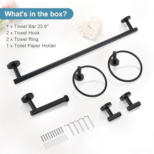 TQKAG Matte Black Bathroom Hardware Set, 6-Piece Towel Bar Set 23.6 Inch - color: Matte Black, size: 6-Pieces Set
