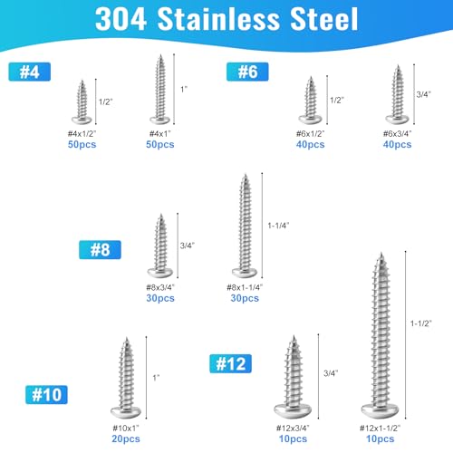 300PCS Stainless Steel Wood Screws Assortment Kit, 9 Sizes #4#6#8#10#12 Truss Head Sheet Metal Screws for Wood Deck Drywall Concrete Screws, Length 1/4" to 1-1/2" - style: Silver Truss Head 300PCS