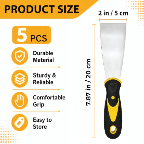 5 Pack 2-Inch Putty Knife Set, Stainless Steel Blade Paint Scrapers with Comfortable Soft Grip Handles, Heavy Duty Spackling Knives for Drywall Repair, Plaster, Wallpaper Removal and Home Improvement