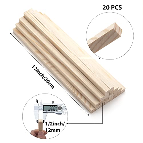 Wood Square Dowel Rods, 20PCS 1/2" x 12" Square Wooden Dowel Rods Wooden Sticks for Crafts, Unfinished Hardwood Sticks Wood Strips for Woodworking, Crafting, Arts and DIYers, Home Decor, Model Making - size: 1/2"×12"-20PCS