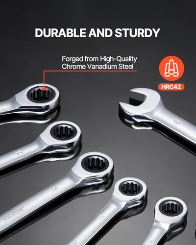 VEVOR Combination Wrench Set, 8-Piece Ratcheting Wrench Set with Organizer Rack, Cr-V Steel, Metric 8 mm to 19 mm, Ideal for General Household, Garage, Workshop, Auto Repairs, Emergency - size: 8PCS (Metric), style: Regular